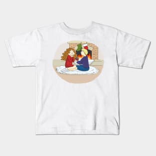 Couple in love Boy and Girl by the fireplace Kids T-Shirt